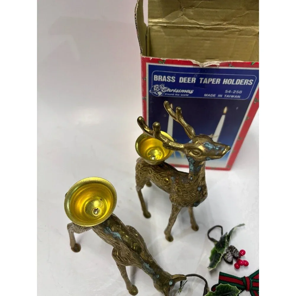 Vintage Brass Deer Taper Candle Holders Christmas Around the World Set of 2